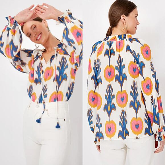 NEW Figue Lianna Ruffled Long Sleeve V-Neck Tassle Blouse Top Flower Parchment - Picture 1 of 8